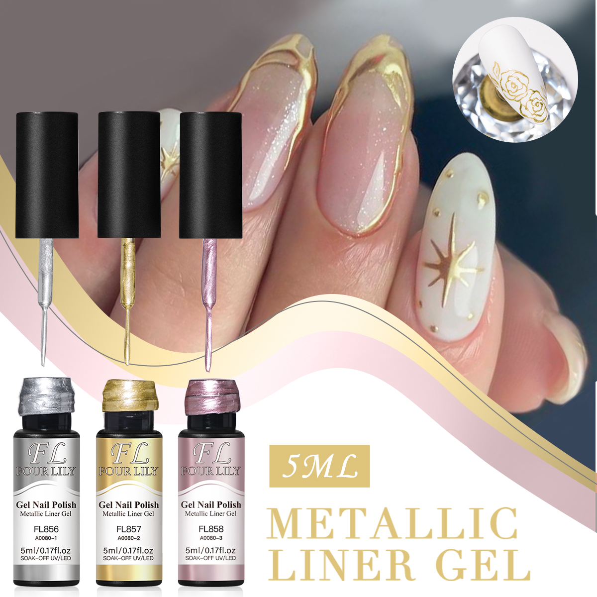 Nail Art Rose Gold - Super-Bright Metallic Painting Liner Gel Polish