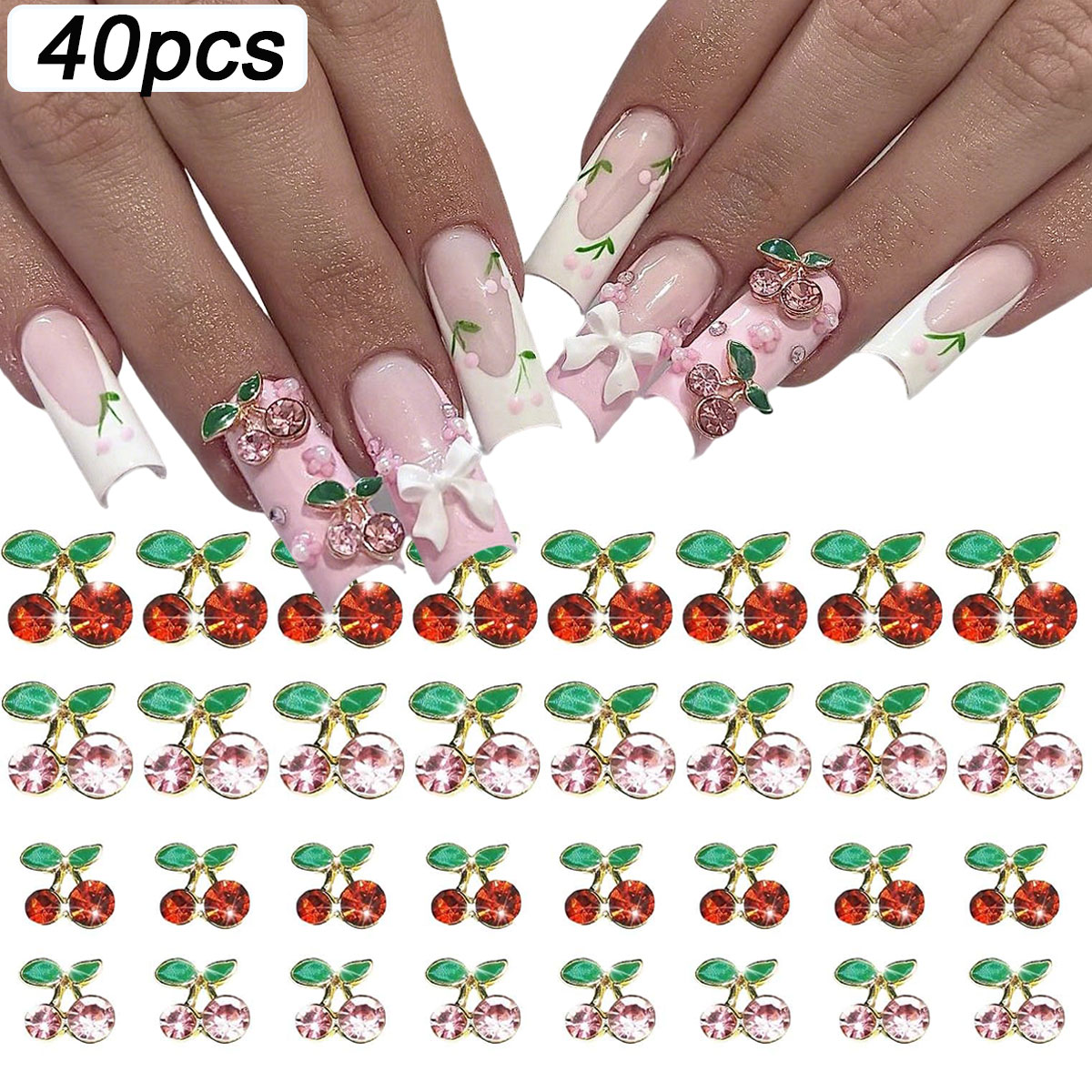 40pcs 3D Shiny Pink & Red Cher - مراجعة Nail Art Red Cherry وسعره