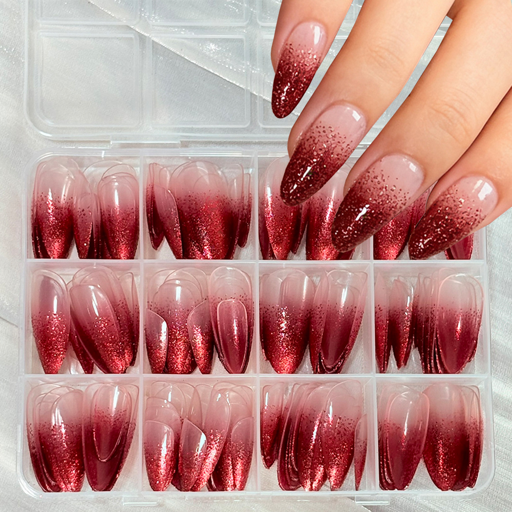 144pcs Red Gradient Glitter Fi - مراجعة Nail Art Red Wine وسعره
