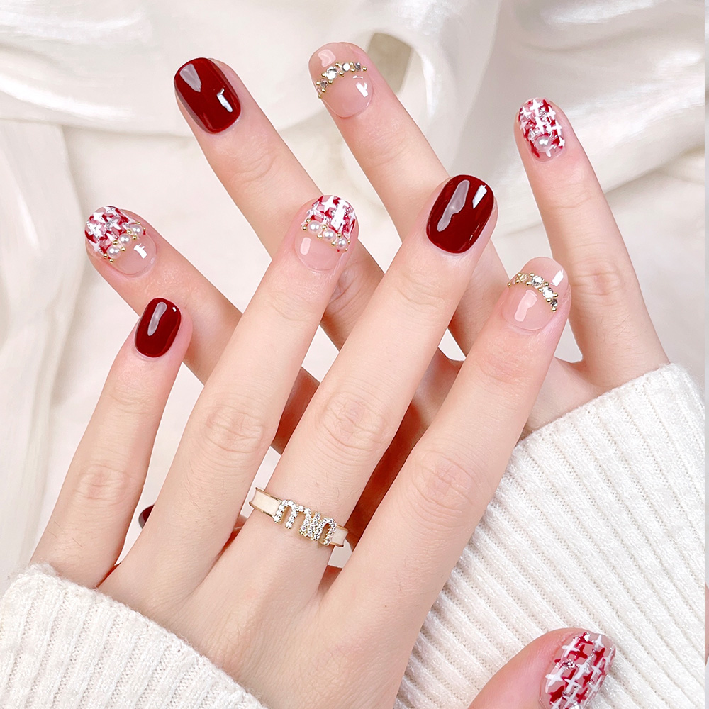 10pcs Short Square Round Handm - مراجعة Nail Art Red Wine وسعره