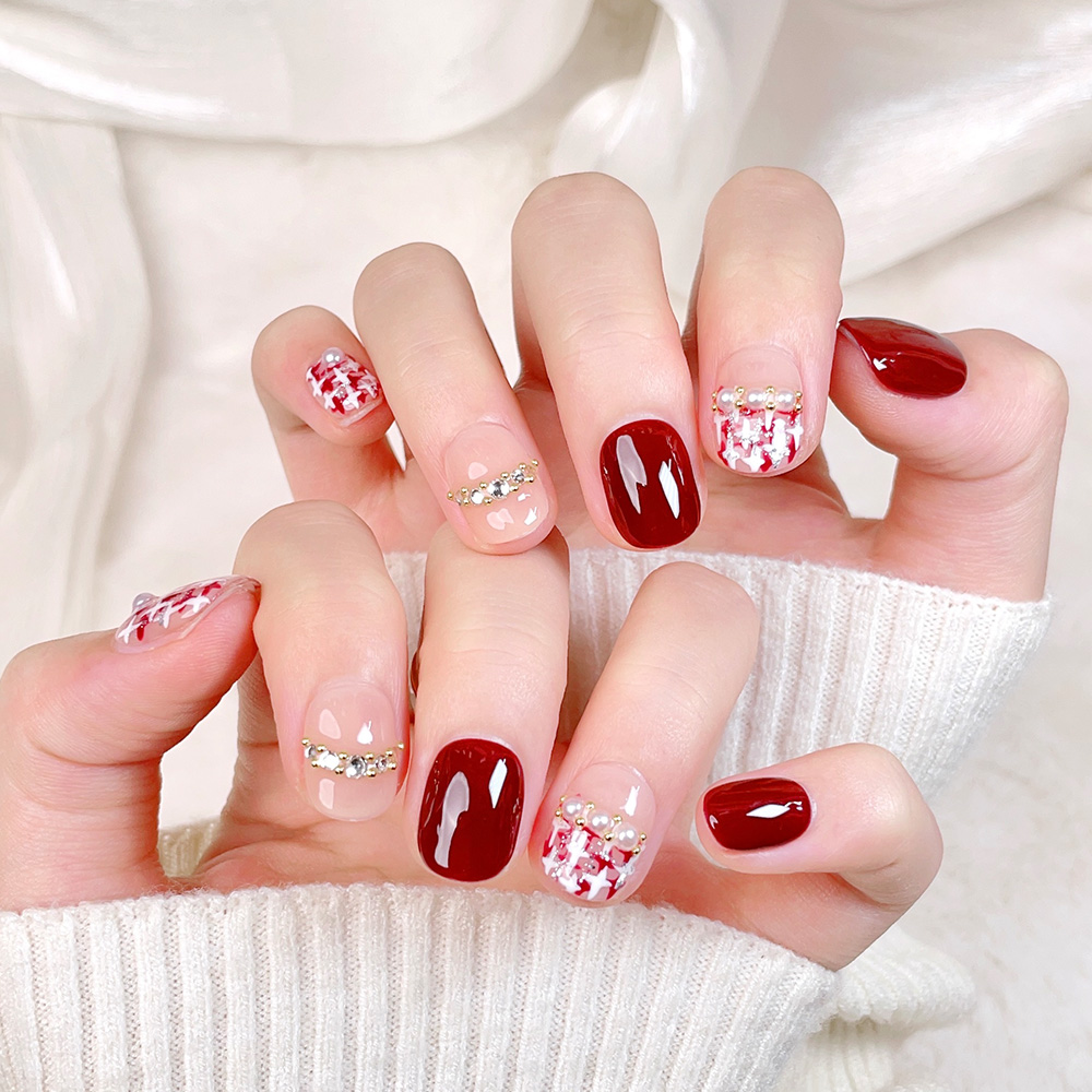 10pcs Short Square Round Handm - مراجعة Nail Art Red Wine وسعره